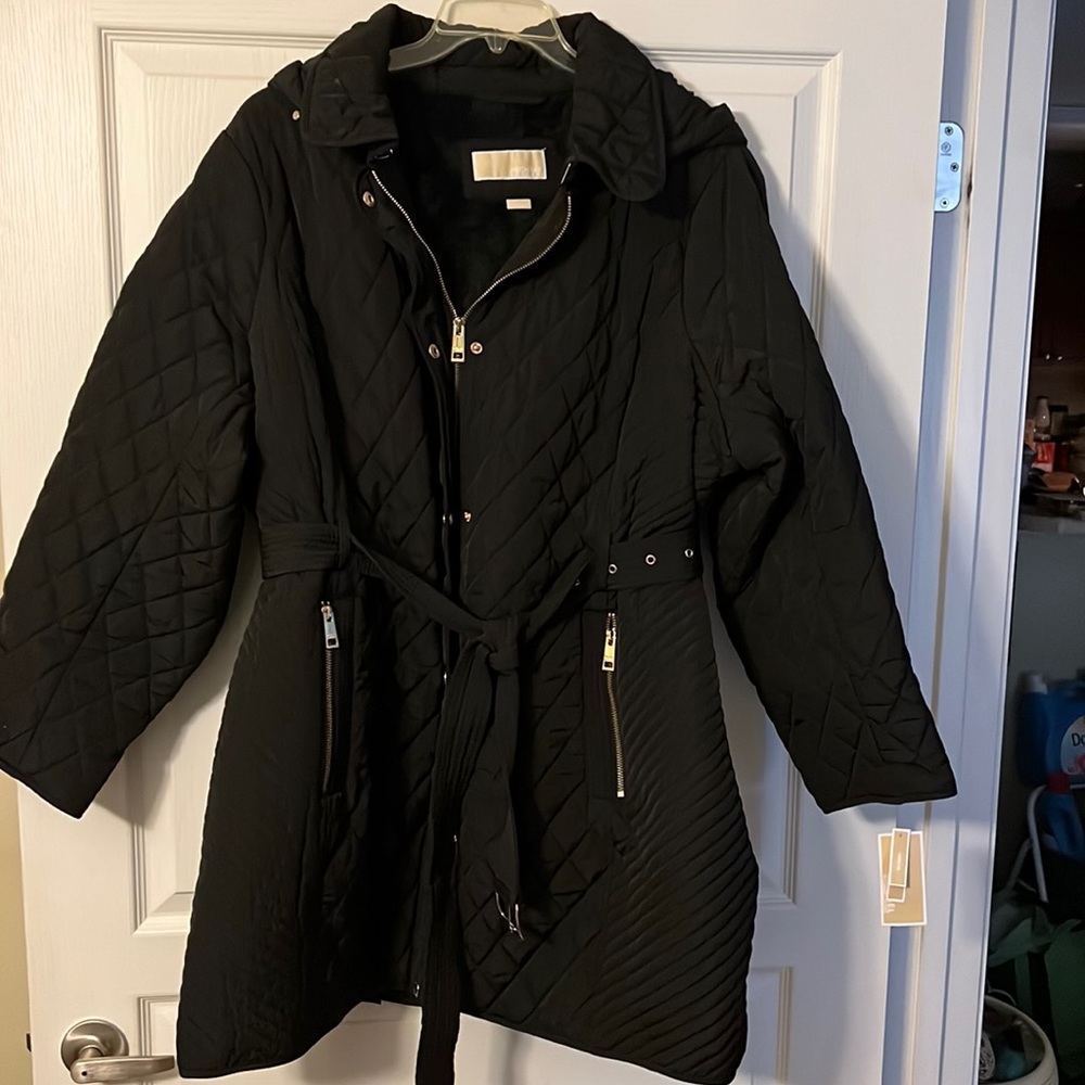 MICHAEL KORS WOMENS HOODED COAT W/BELT FAUX FUR AND SIDE POCKETS NWT